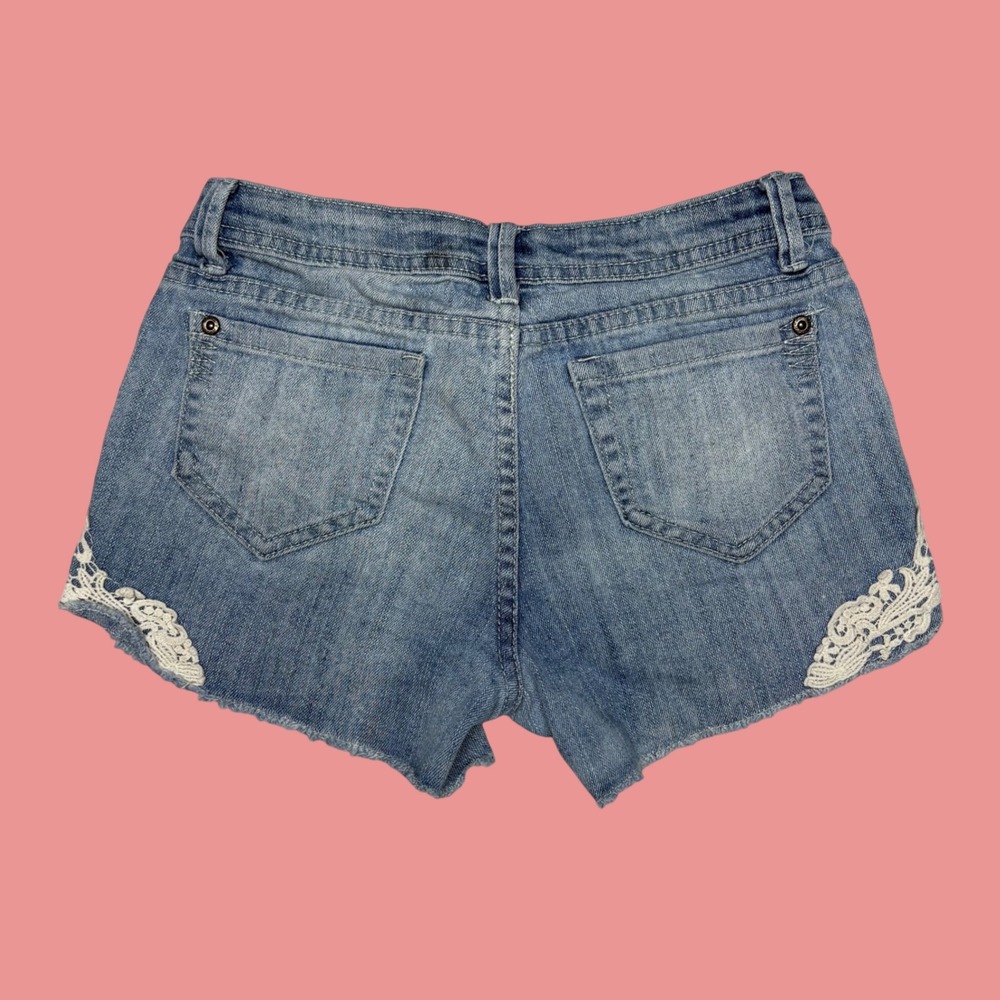 Blue Denim Lace Trim Cut Off Shorts Medium Wash Boho Distressed Summer Festival